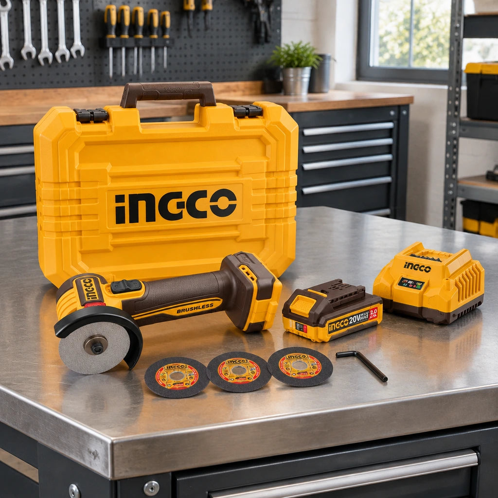 Ingco CAGLI207625 cordless mini cut-off tool kit stored in its case on a professional workshop bench