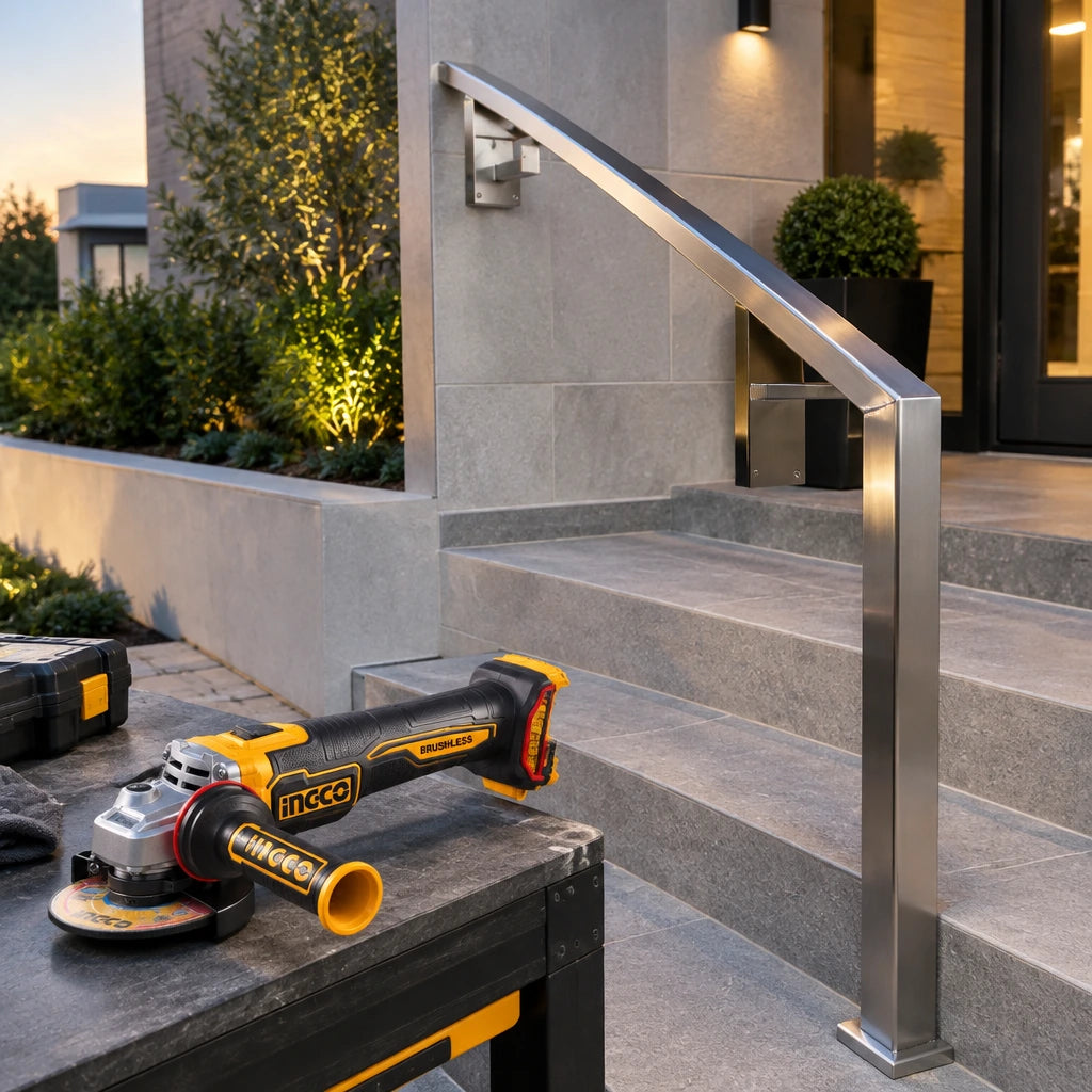 Finished steel handrail with a smoothly dressed weld and Ingco cordless angle grinder nearby