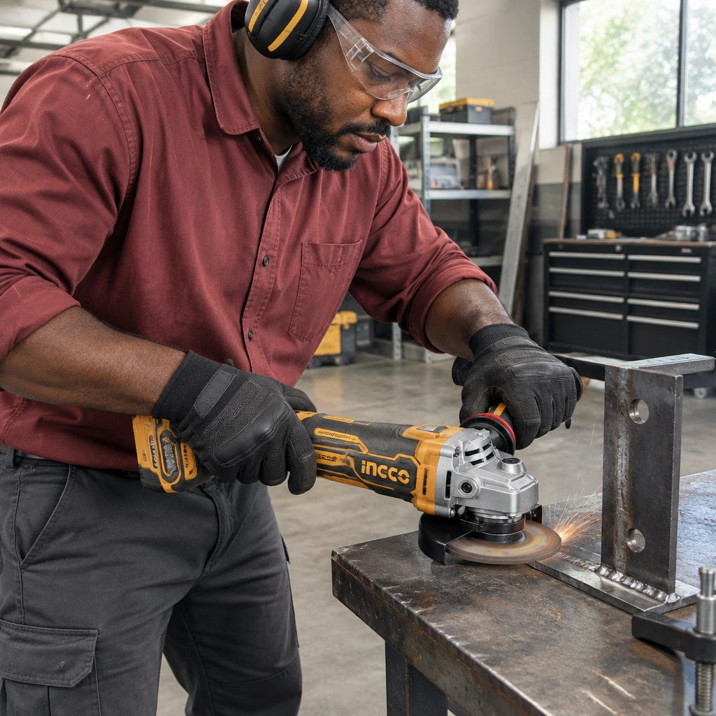 African American fabricator using an Ingco CAGLI212027 angle grinder to smooth a steel weld