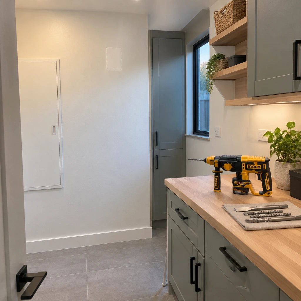 Finished townhouse utility room with a neatly patched masonry service chase and Ingco CRHLI26208 rotary hammer nearby.