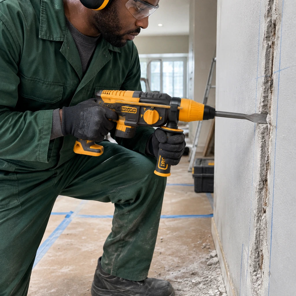 African American renovation installer using an Ingco CRHLI26208 rotary hammer to chisel a narrow masonry service chase.