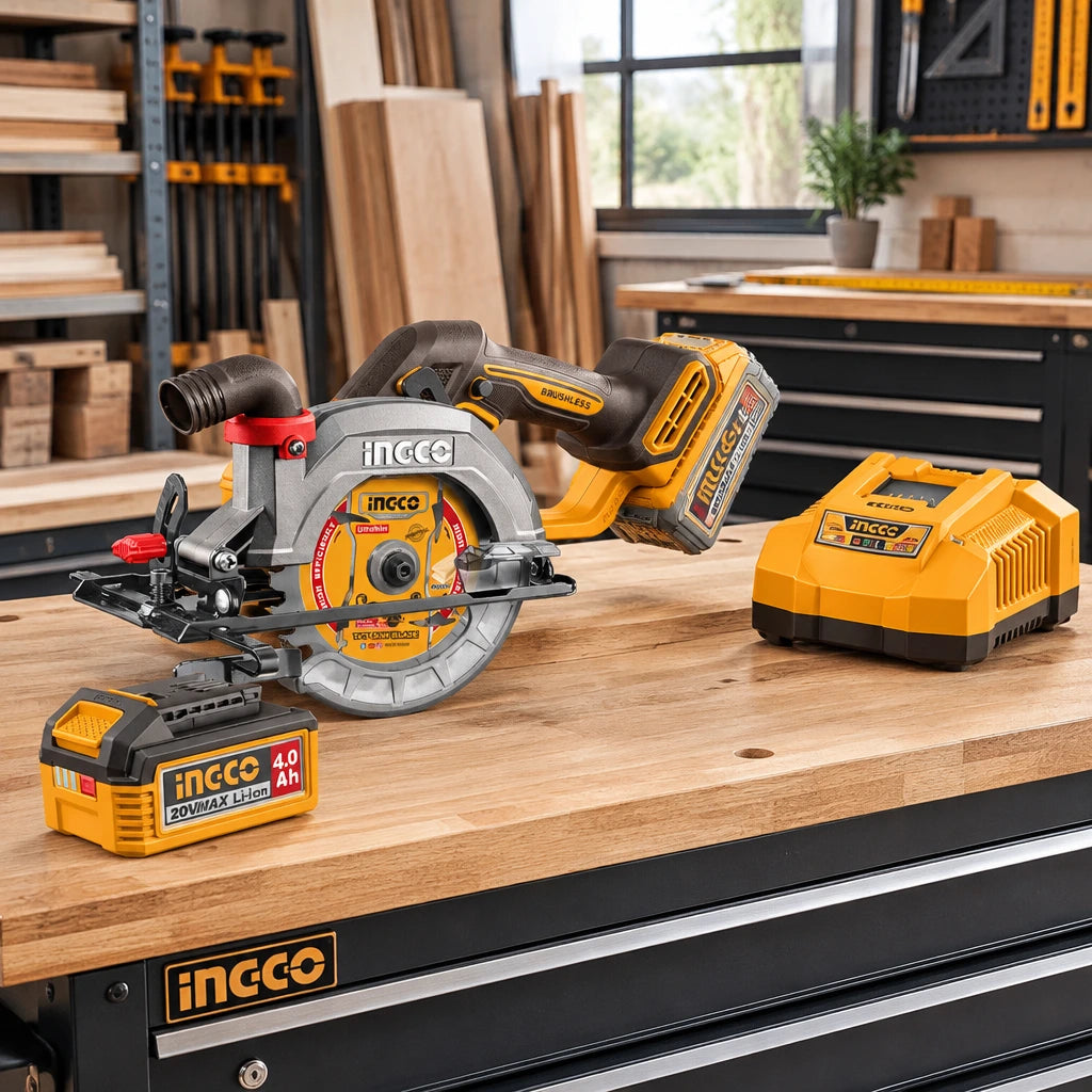 Ingco cordless circular saw kit resting on an organised joinery workshop workbench