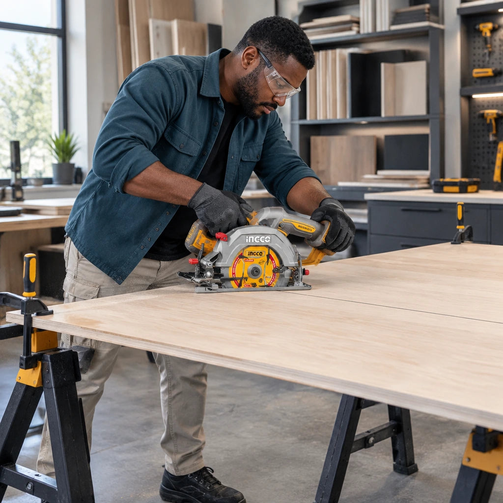 African American cabinet installer using an Ingco cordless circular saw to make a straight cut in a secured plywood shelf panel
