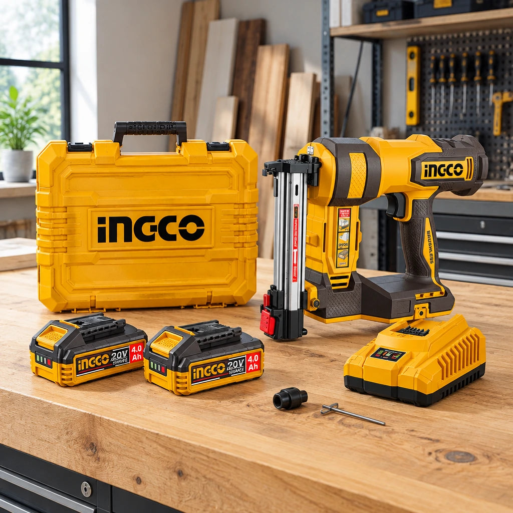 Ingco CBNLI38136 cordless concrete and brick nailer kit resting with its case, batteries and charger on an organised workshop bench.