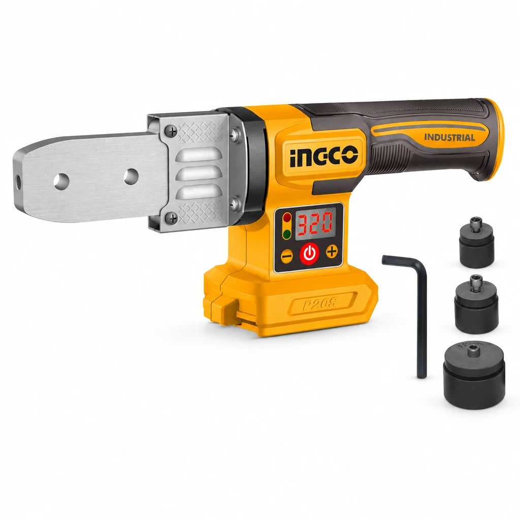 Ingco PTWTLI2018 cordless plastic pipe welding tool with three replacement heads and hex key, shown without battery or charger on white background.