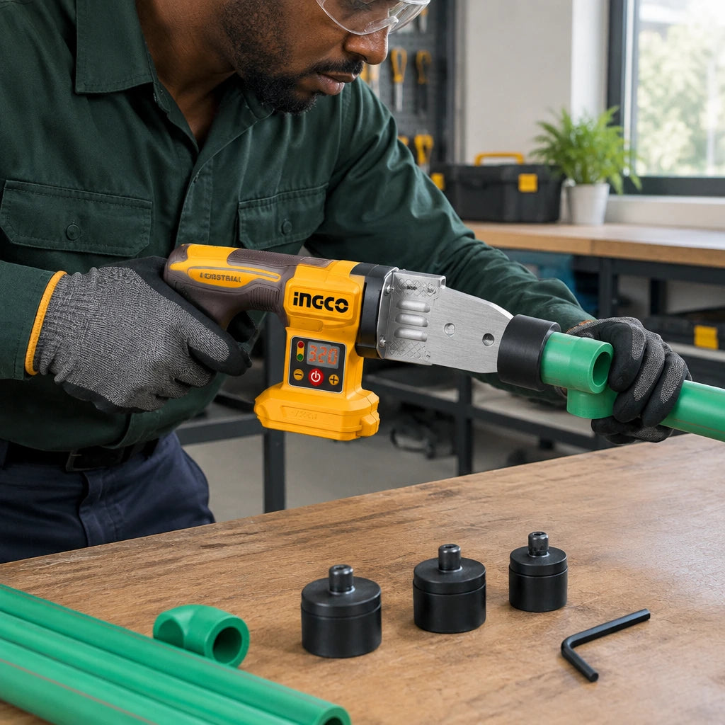 African American plumber using the Ingco PTWTLI2018 to heat a compatible PP-R pipe and fitting for socket-fusion joining.