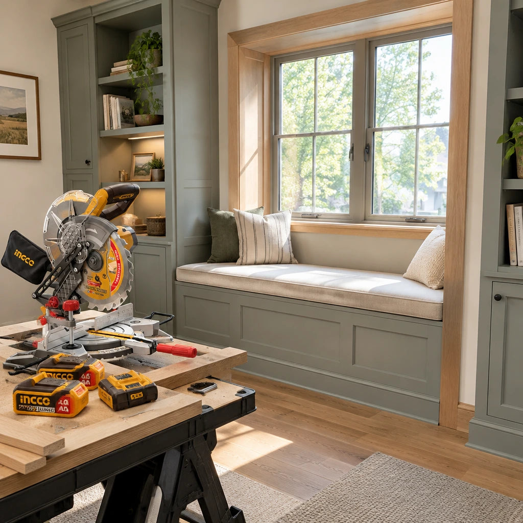 Finished home joinery with clean mitred timber trim and the Ingco cordless mitre saw resting nearby