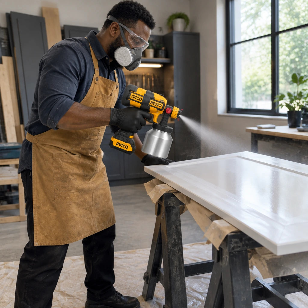 African American cabinet finisher using an Ingco cordless spray gun on a prepared wood panel