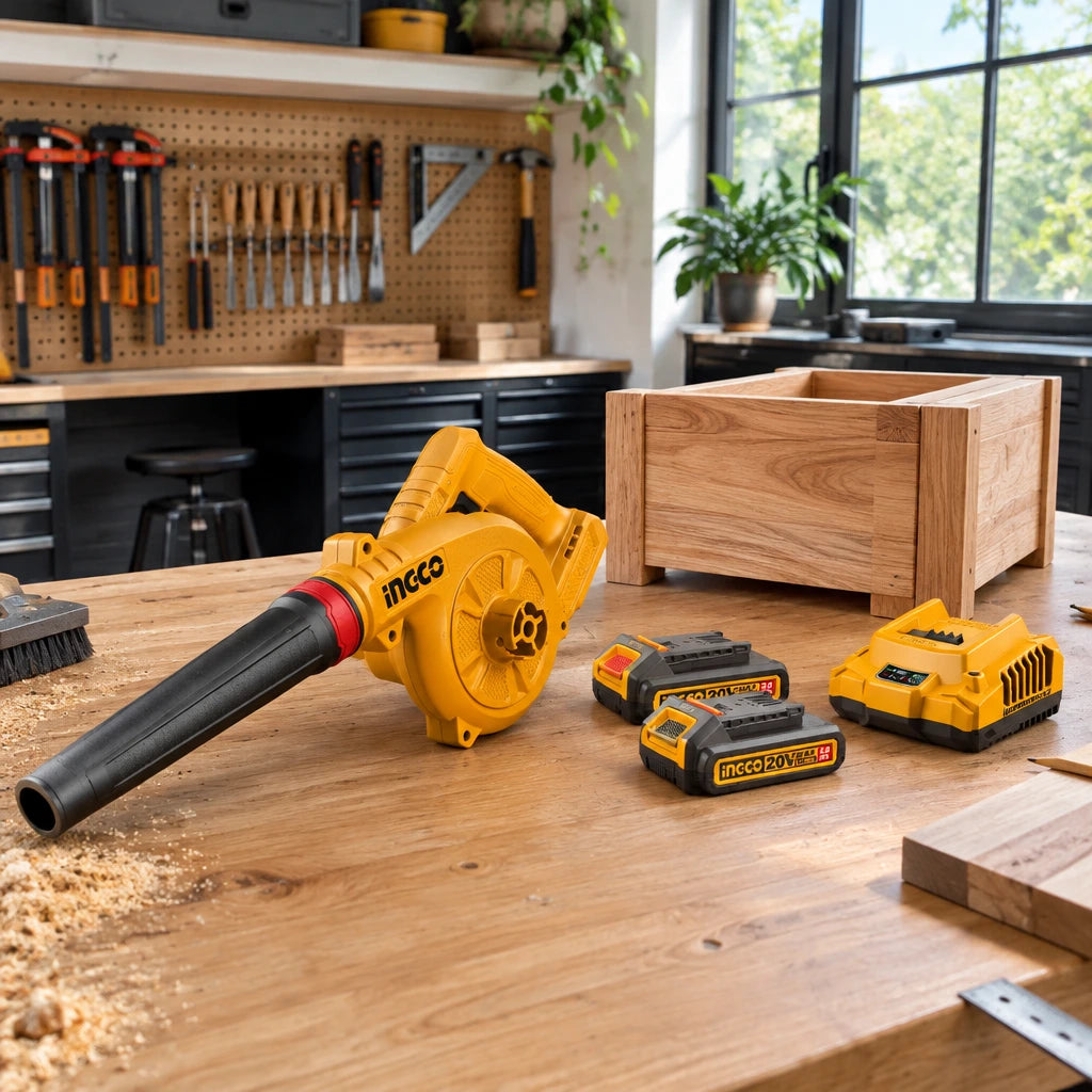 Clean woodworking bench with the inactive Ingco CABLI20682 cordless blower ready for the next project