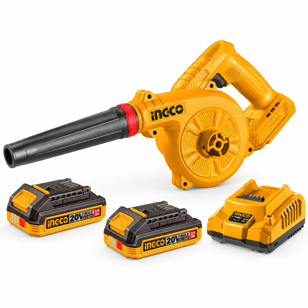 Ingco CABLI20682 20V cordless air blower kit with blower, two 2.0Ah batteries and charger on white background