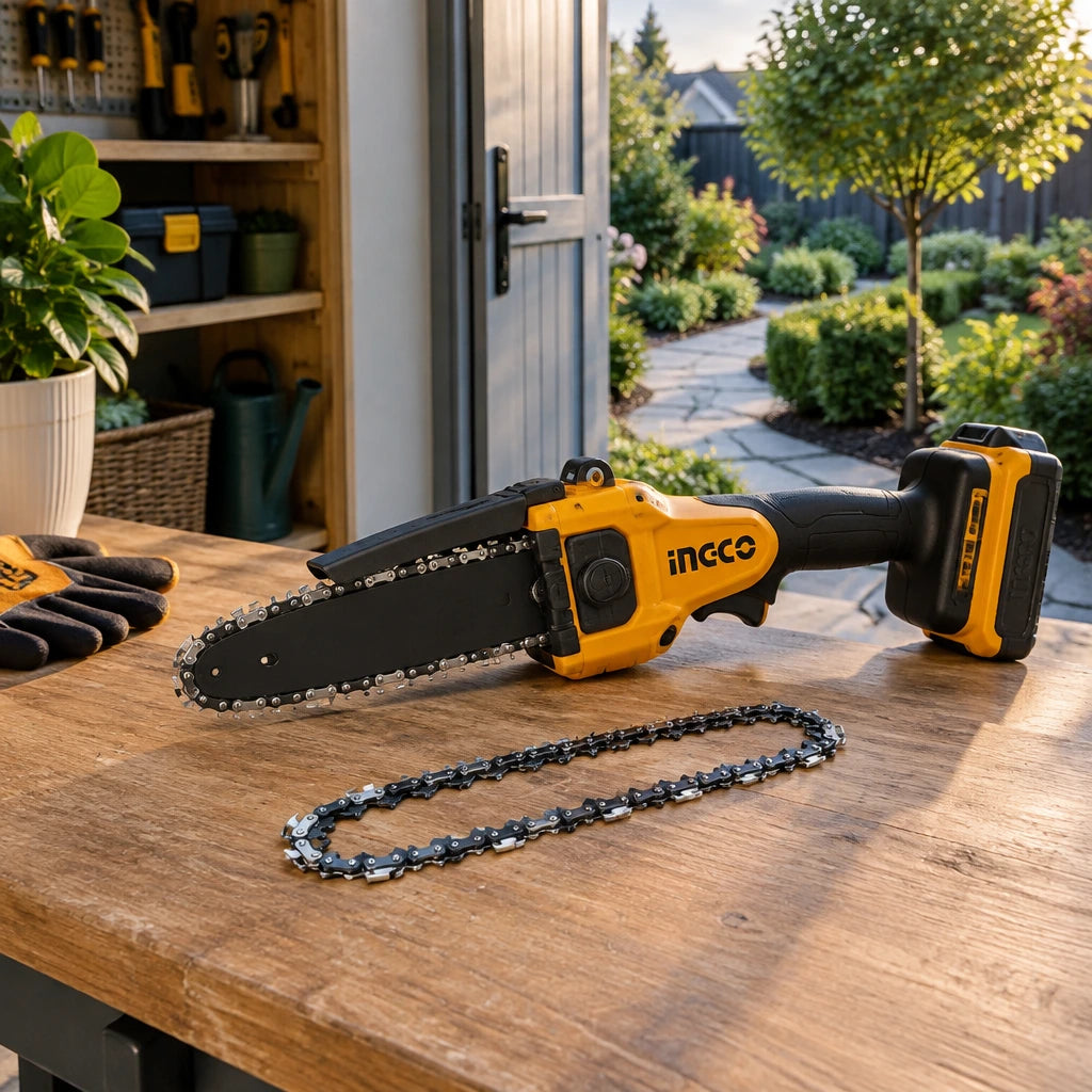 Cordless pruning saw with an installed Ingco replacement chain resting ready beside a tidy residential garden path.