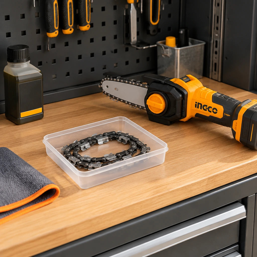 Ingco replacement pruning-saw chain stored in an organised home garden-maintenance cabinet beside a compatible cordless saw.