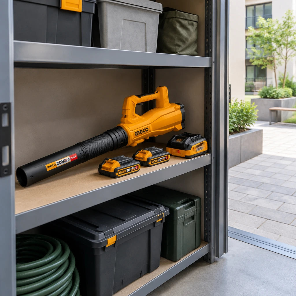 Ingco cordless air blower kit stored with its batteries and charger in an organised facilities cupboard beside a courtyard
