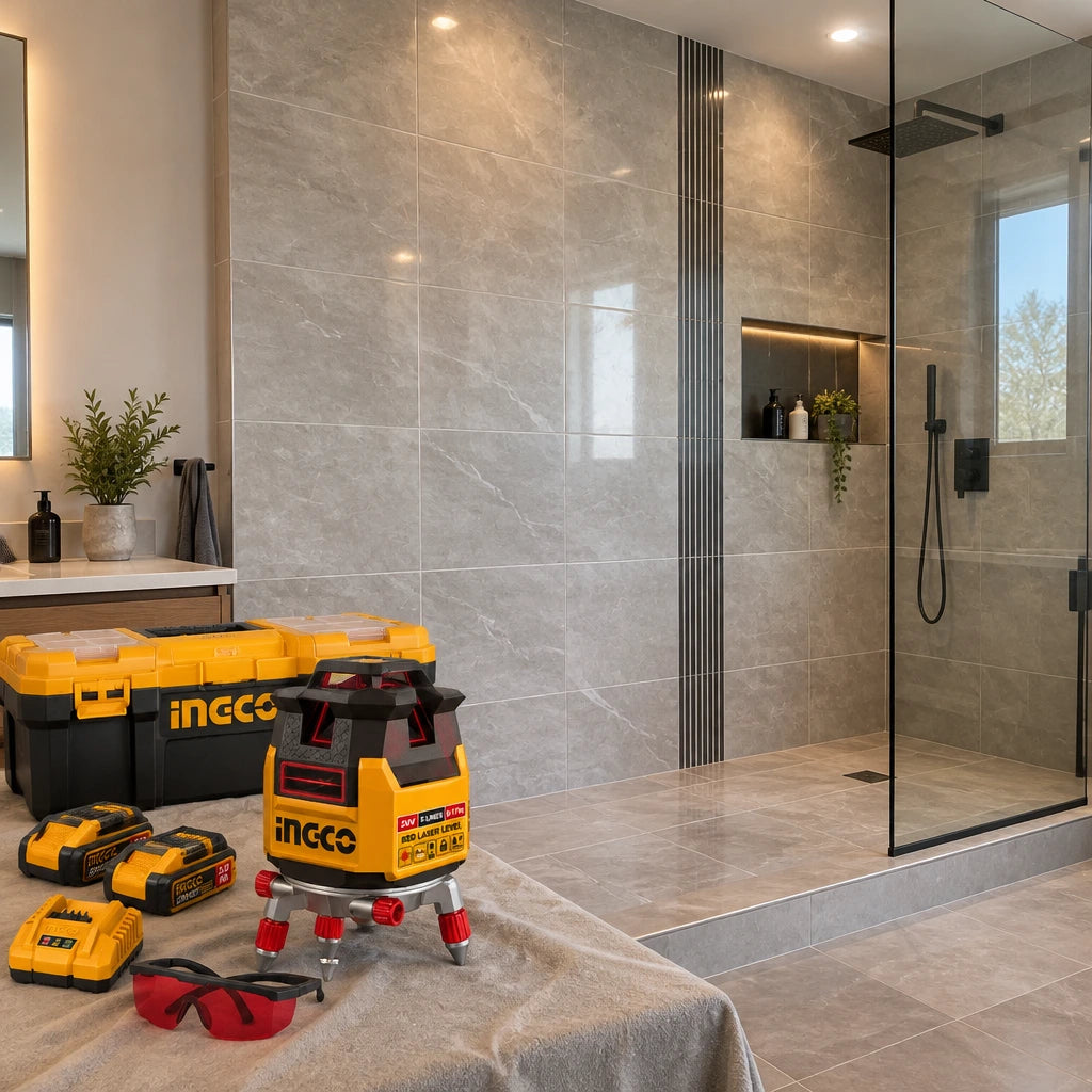 Finished contemporary bathroom tile wall aligned with help from an Ingco HLL3052063 laser level resting nearby