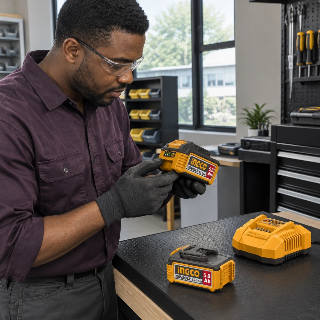 Technician checking an Ingco P20S 5.0Ah battery indicator beside the supplied charger