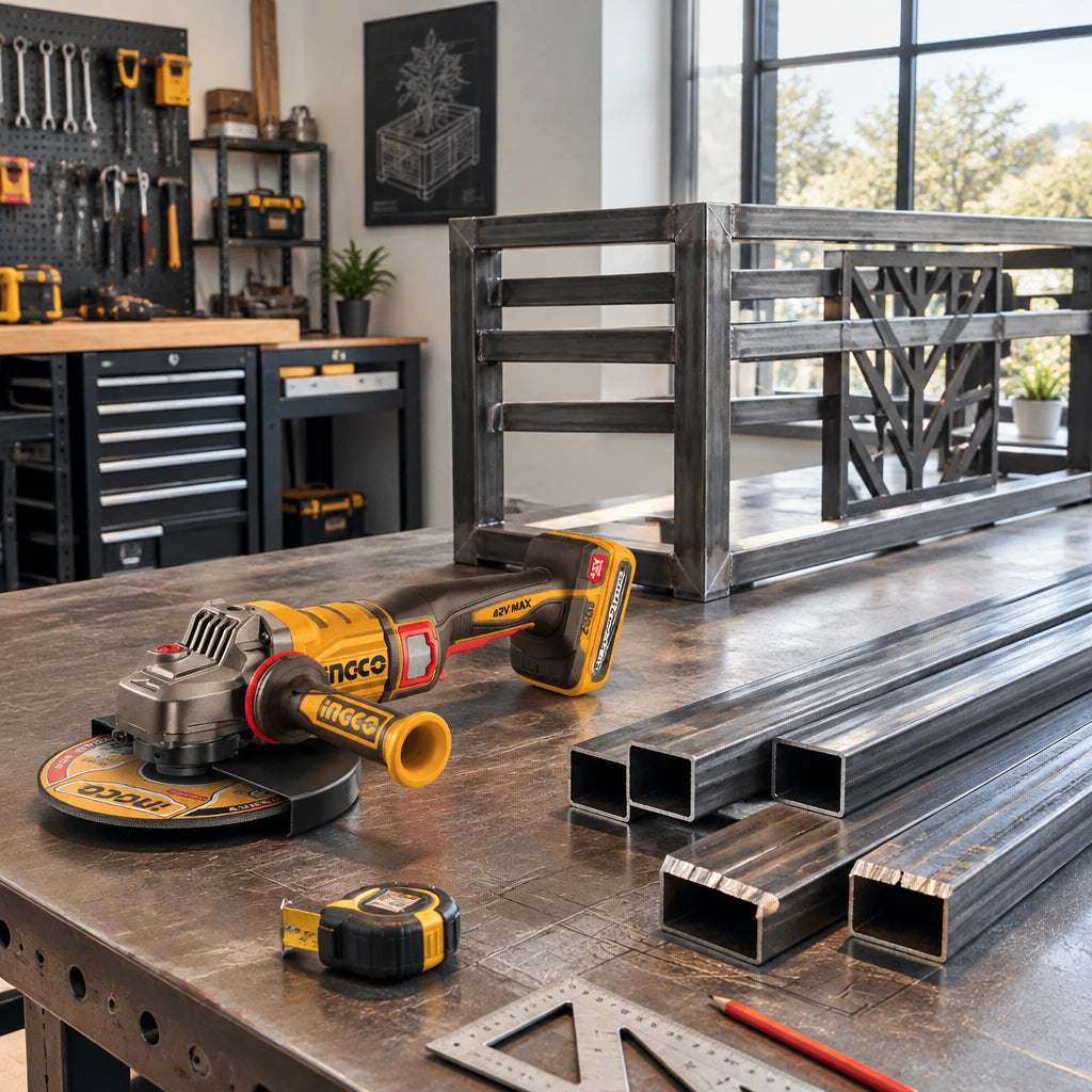 Prepared steel frame sections beside an Ingco cordless angle grinder in a professional fabrication studio