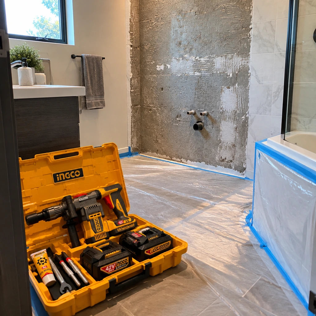 Prepared bathroom renovation wall with the inactive Ingco demolition breaker kit after tile and mortar removal