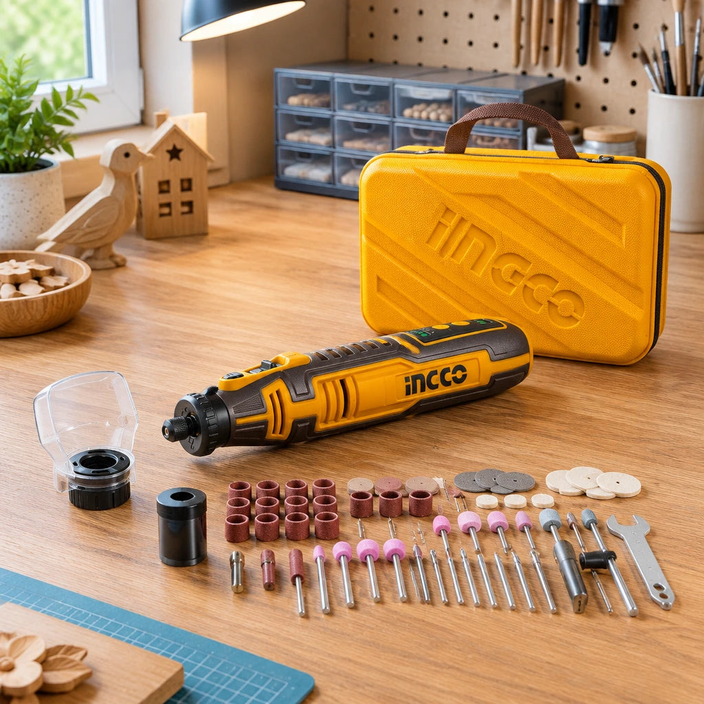 Ingco CMGLI0801 cordless mini grinder resting beside its storage case on an organised home craft workbench.