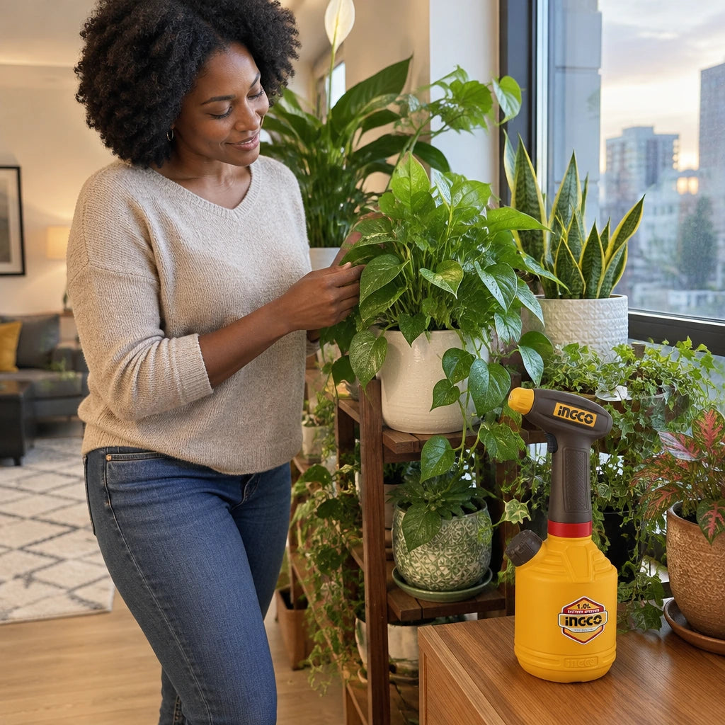 Refreshed indoor plants with the Ingco HSPP3701 cordless hand sprayer resting nearby in a contemporary sunroom.