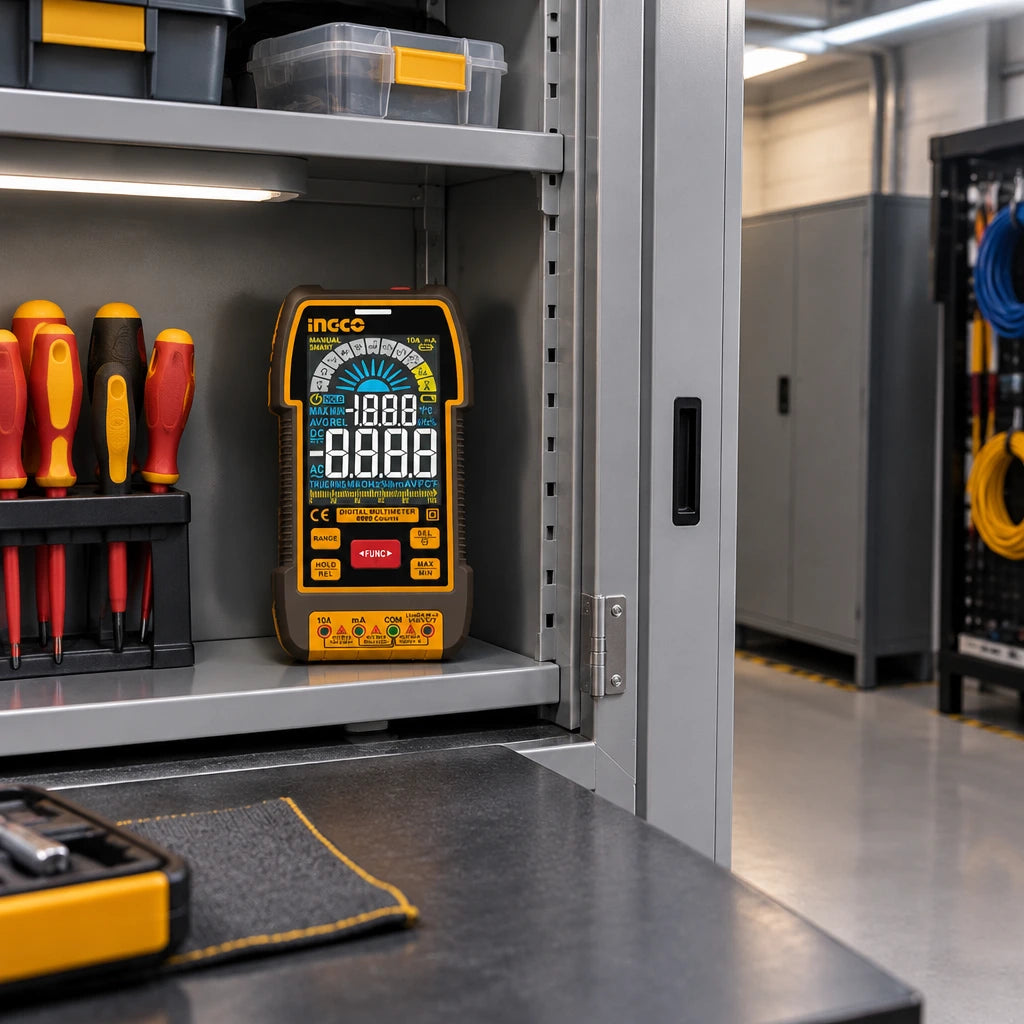 Ingco DM110004 digital multimeter stored on an organised electrical maintenance bench