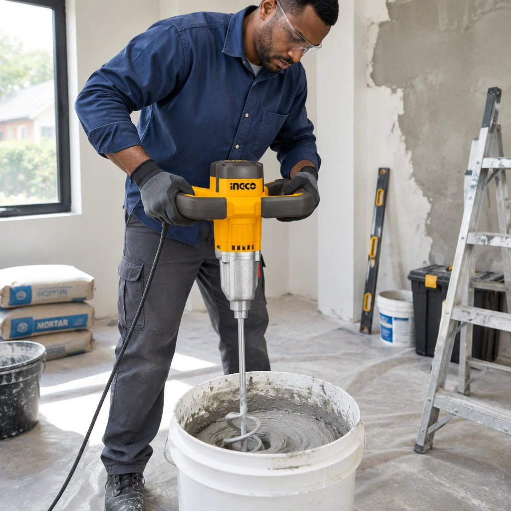 African American decorator using the Ingco MX516006 electric mixer to prepare wall coating in a renovation room