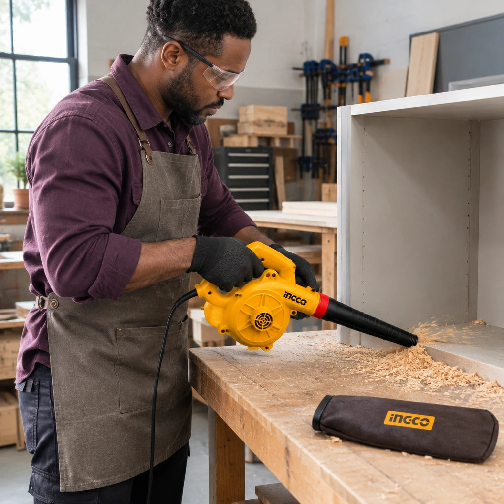 African American cabinetmaker using the Ingco AB4068 electric blower to clear wood shavings from a cabinet component in a workshop.