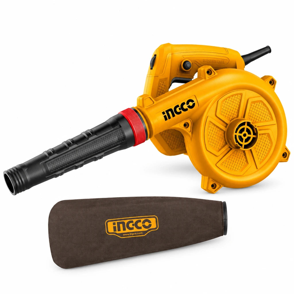 Ingco AB6508 650W variable-speed electric aspirator blower with tapered nozzle and supplied dust bag on white background.