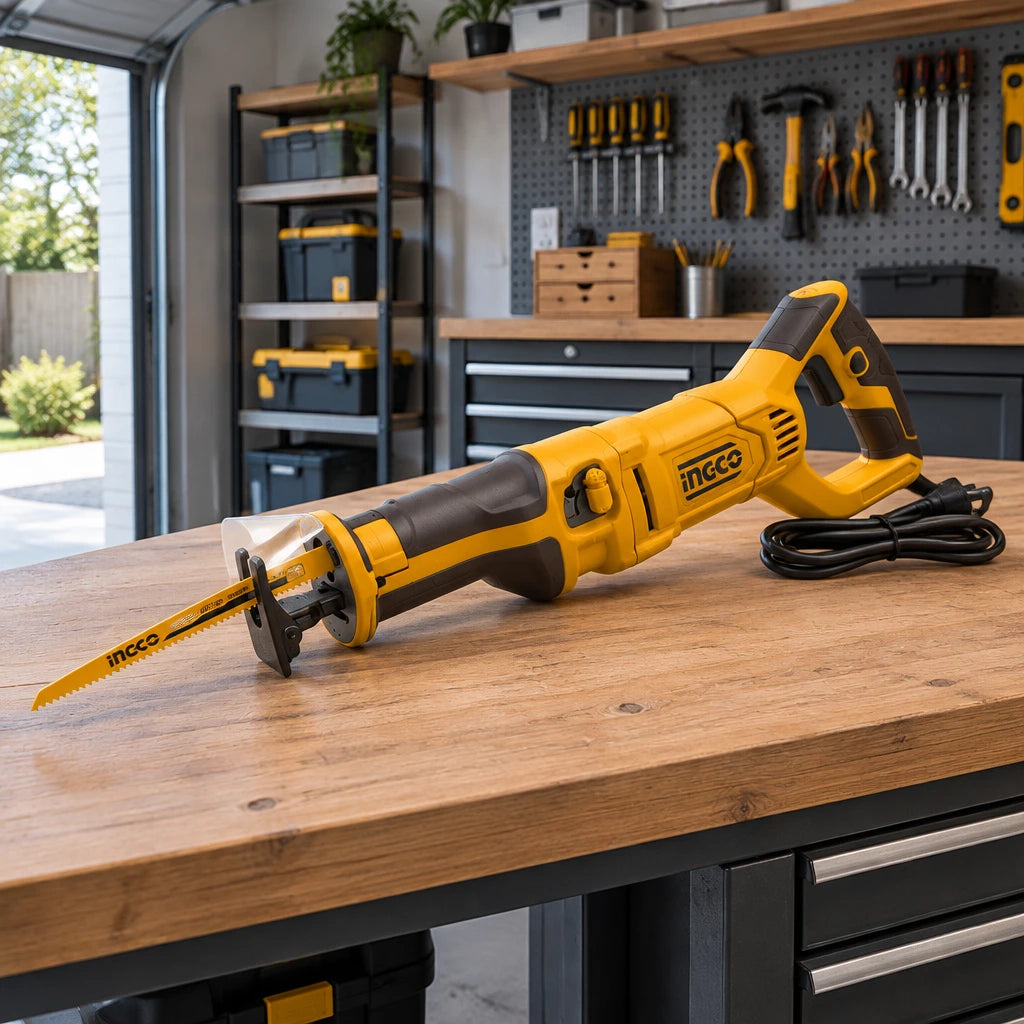 Ingco RS12001 corded reciprocating saw resting unplugged on an organised home garage workbench.