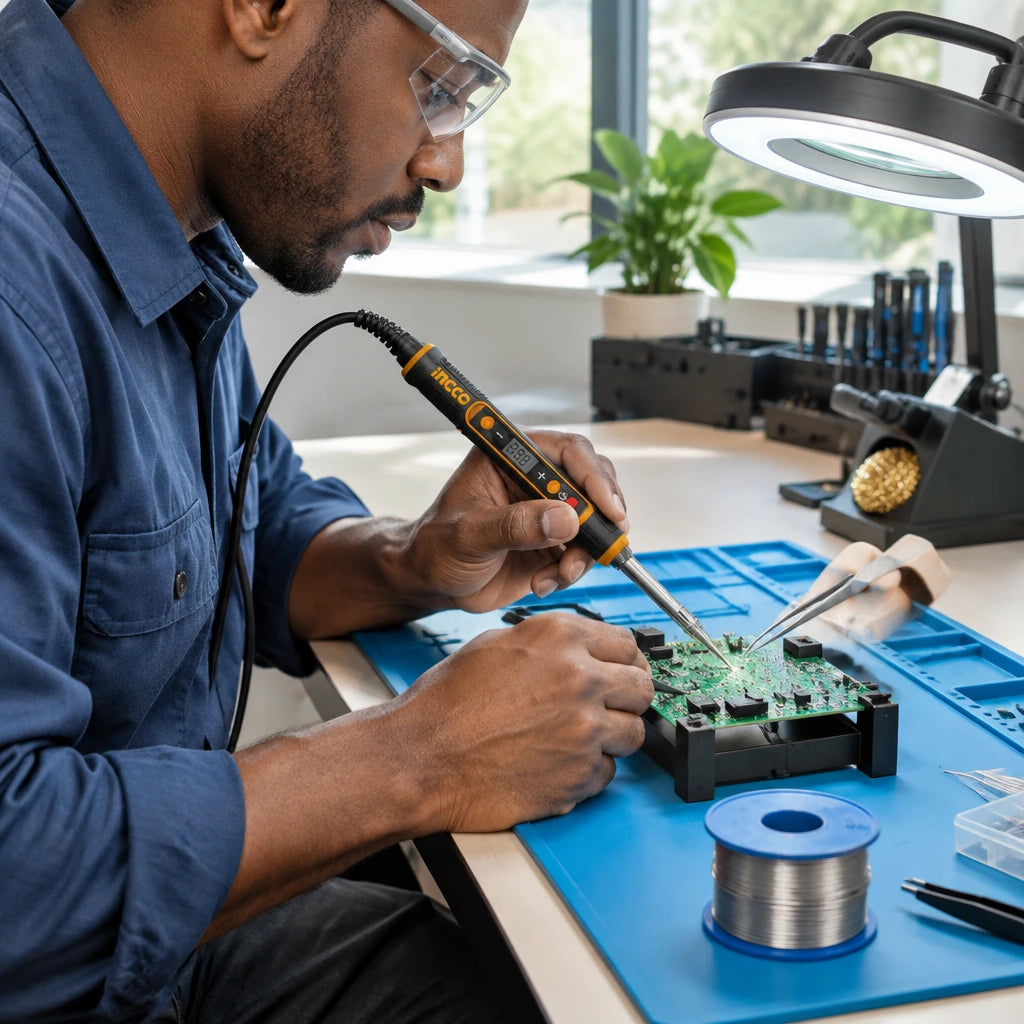 African American electronics technician using an Ingco SI01610 soldering iron to repair a circuit board