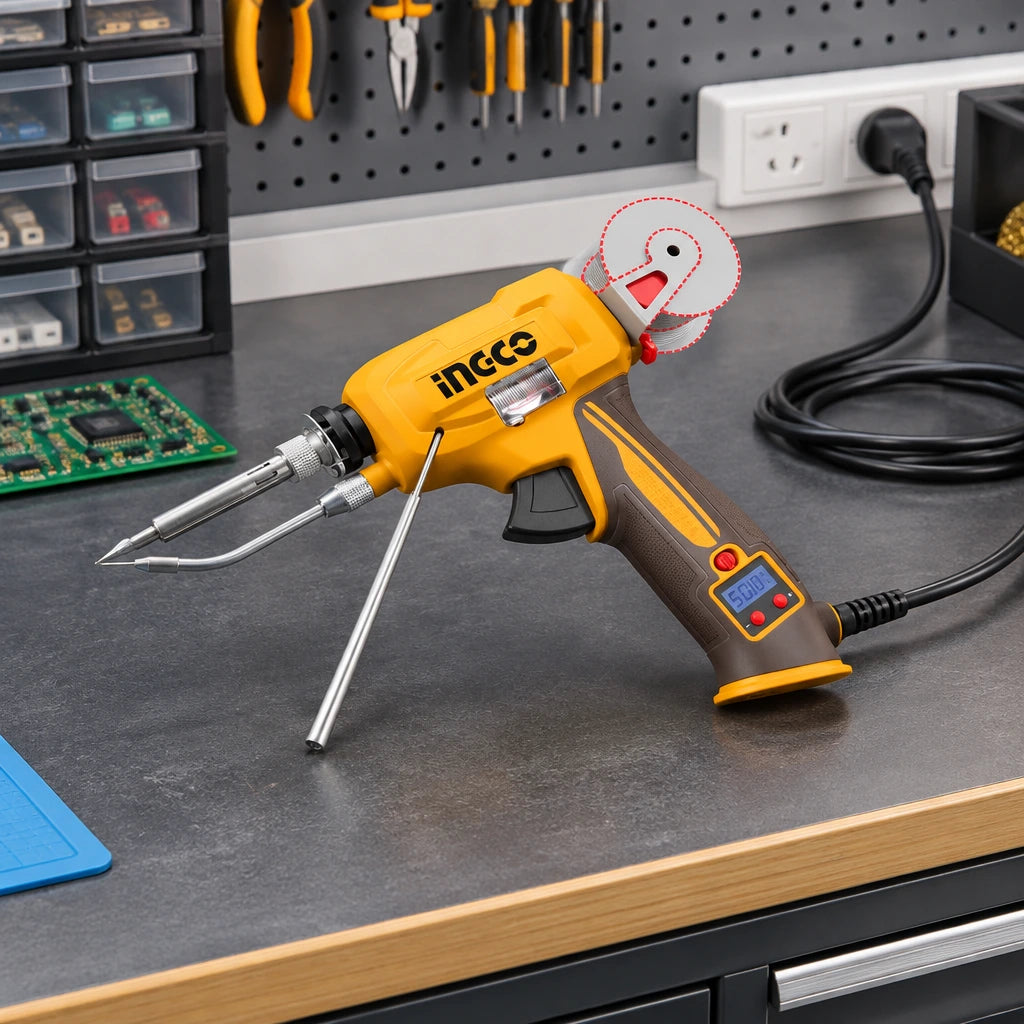 Ingco SI036732 soldering gun resting inactive on an organised electronics repair workstation.