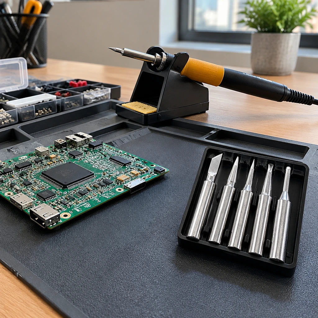 Completed circuit-board repair beside an inactive soldering iron and organised Ingco replacement tip set