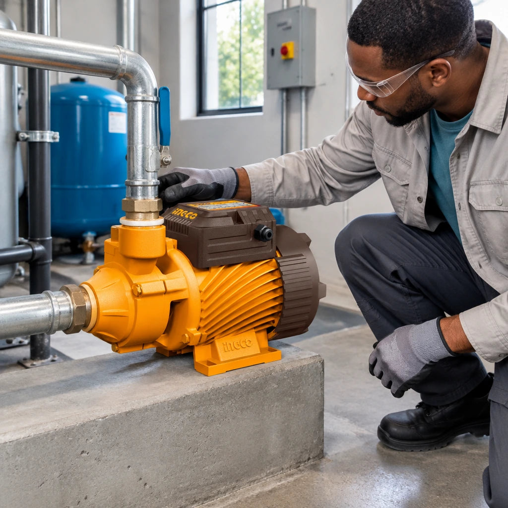 Facilities technician checking an Ingco VPM55068 pump transferring water through connected one-inch utility pipework