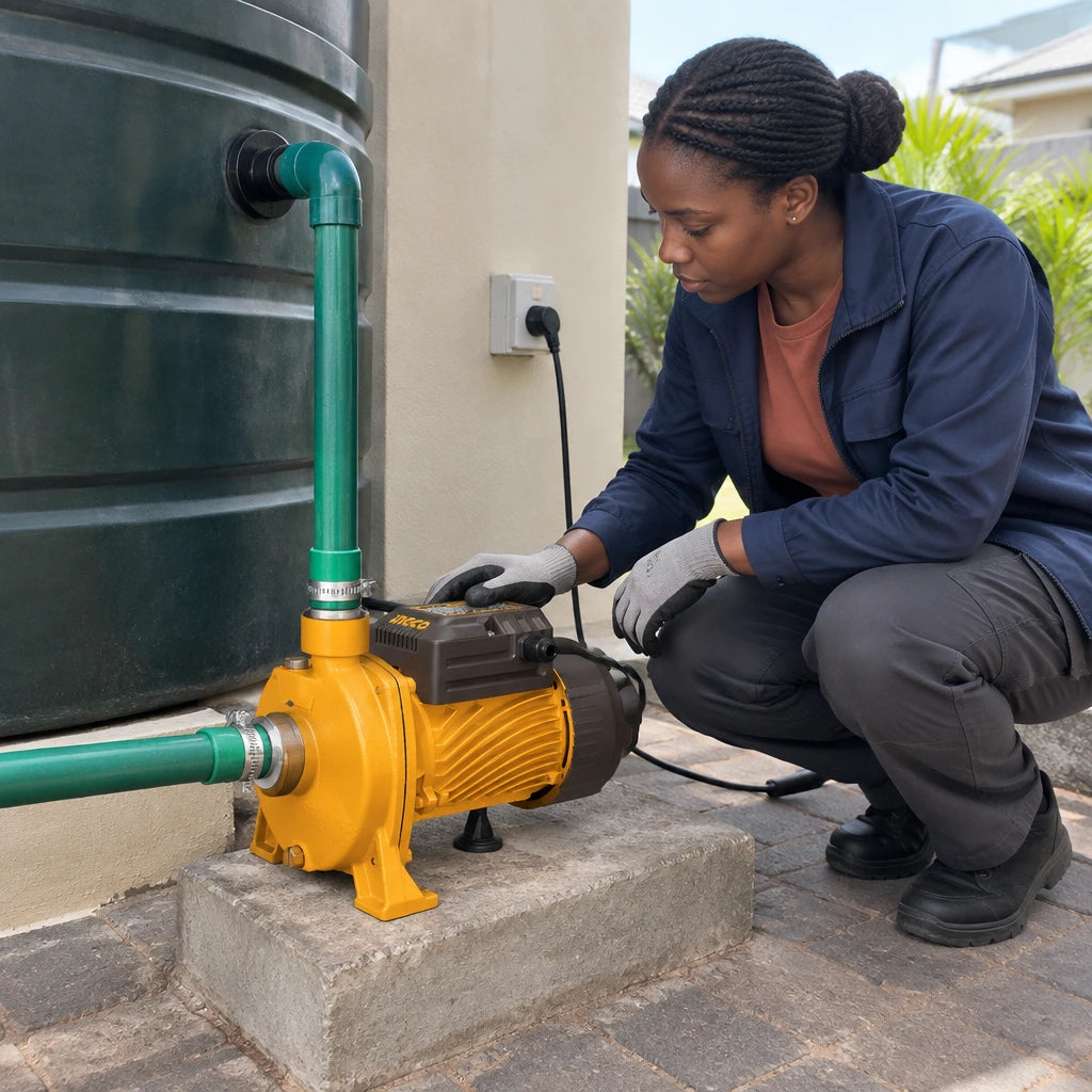 African American homeowner checking an Ingco CPM37068 centrifugal pump transferring water through connected residential service lines.
