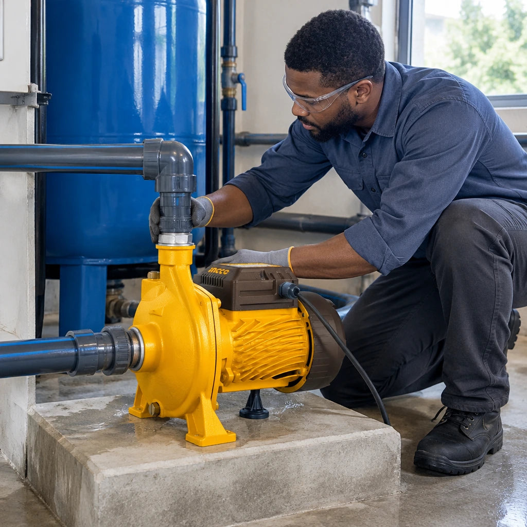 Facilities technician inspecting an Ingco CPM37068 centrifugal pump during a connected commercial water-transfer task