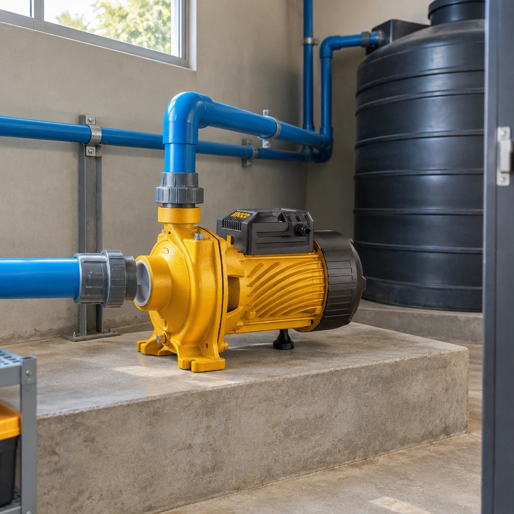 Ingco MHF150068 centrifugal water pump resting beside transfer pipework in a clean estate utility room.