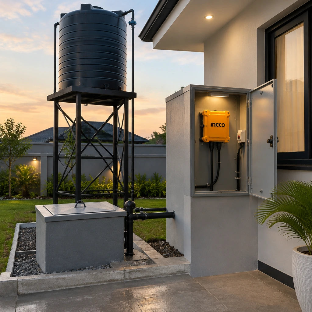 Finished residential borehole water system with an Ingco deep-well pump control box in an orderly utility courtyard.