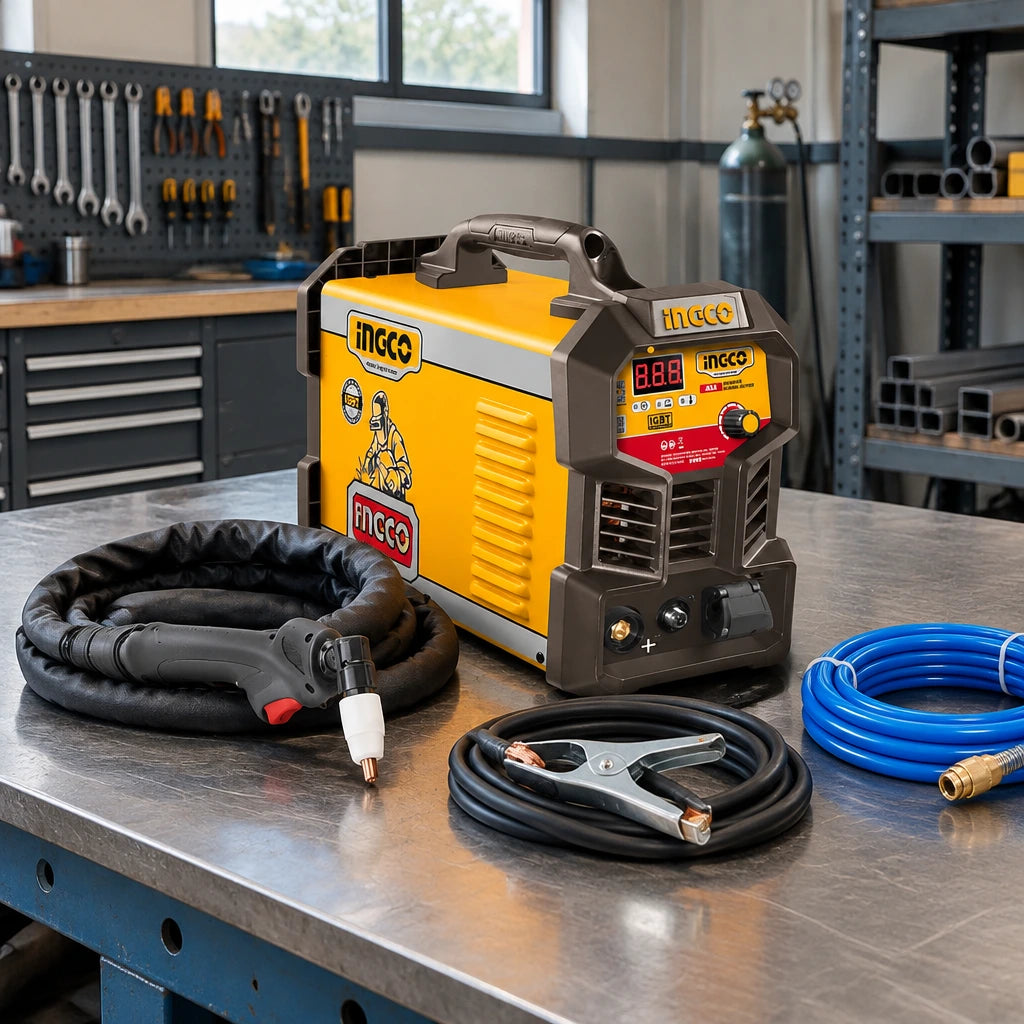 Ingco ING-CUT4058 plasma cutter parked on an organised metal-fabrication workbench with its torch and cables