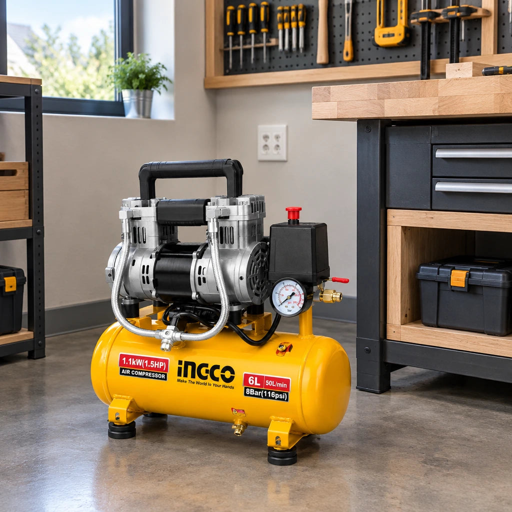 Ingco ACS111062 yellow 6L oil-free air compressor parked beside a workbench in an organised cabinetmaking workshop