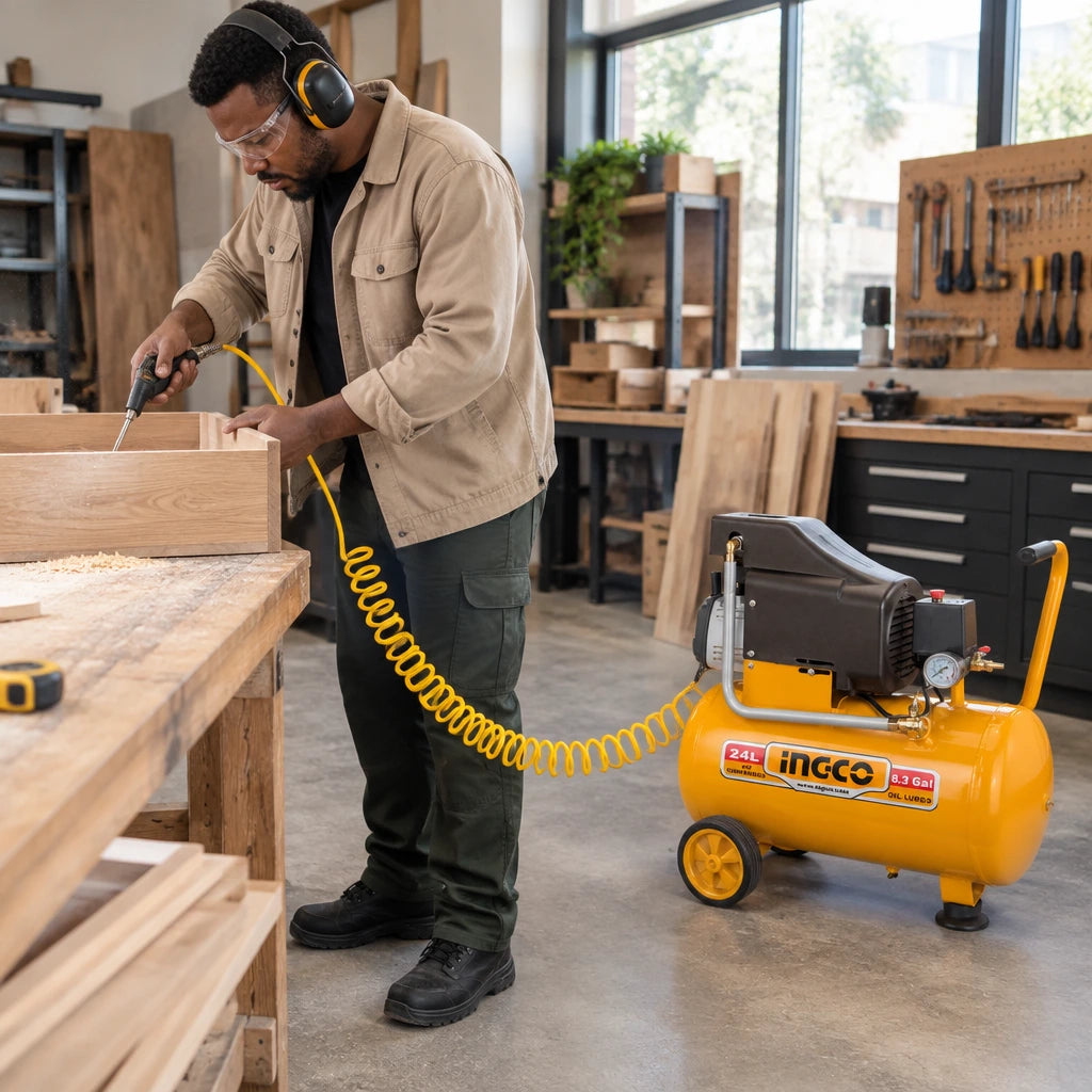African American workshop operator using a pneumatic air tool connected to an Ingco 24L compressor to clear sawdust from a drawer component.