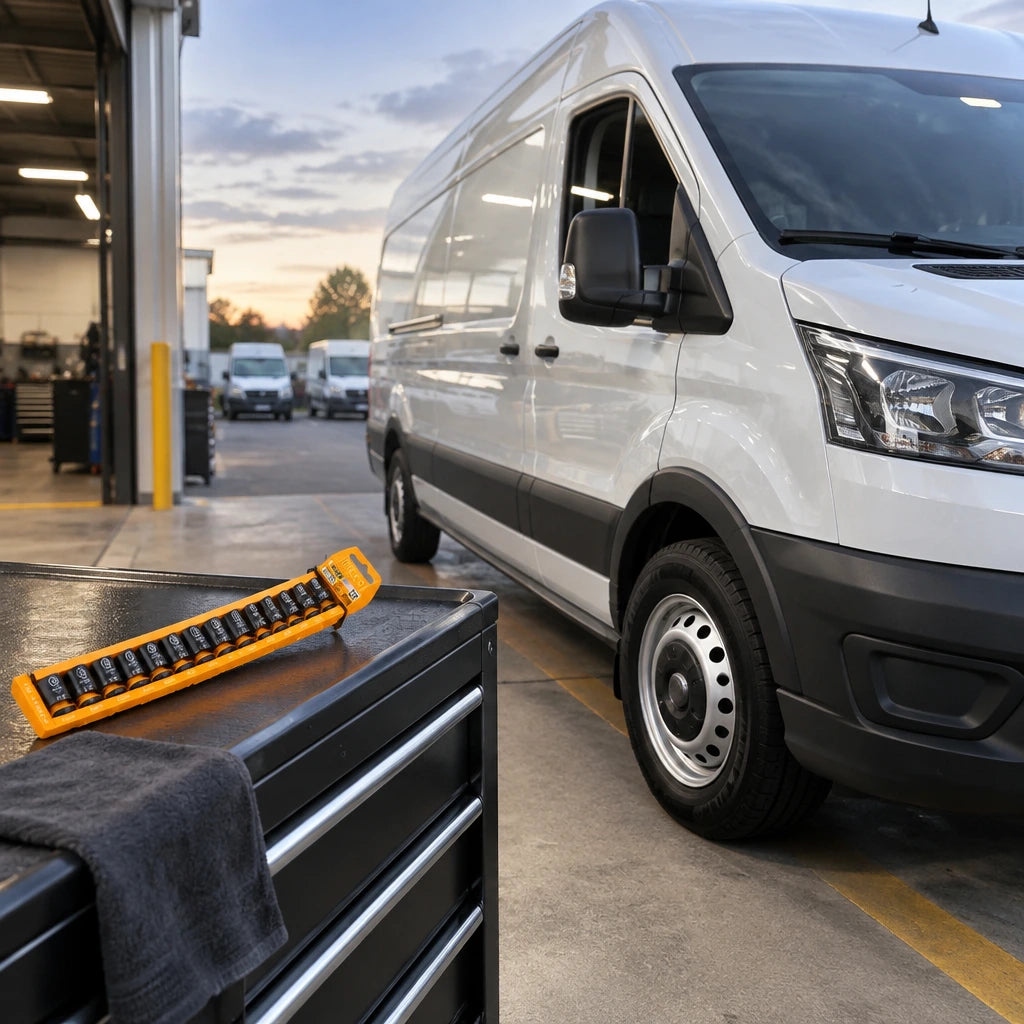 Serviced commercial van ready for dispatch with Ingco metric impact socket set resting on a nearby tool chest