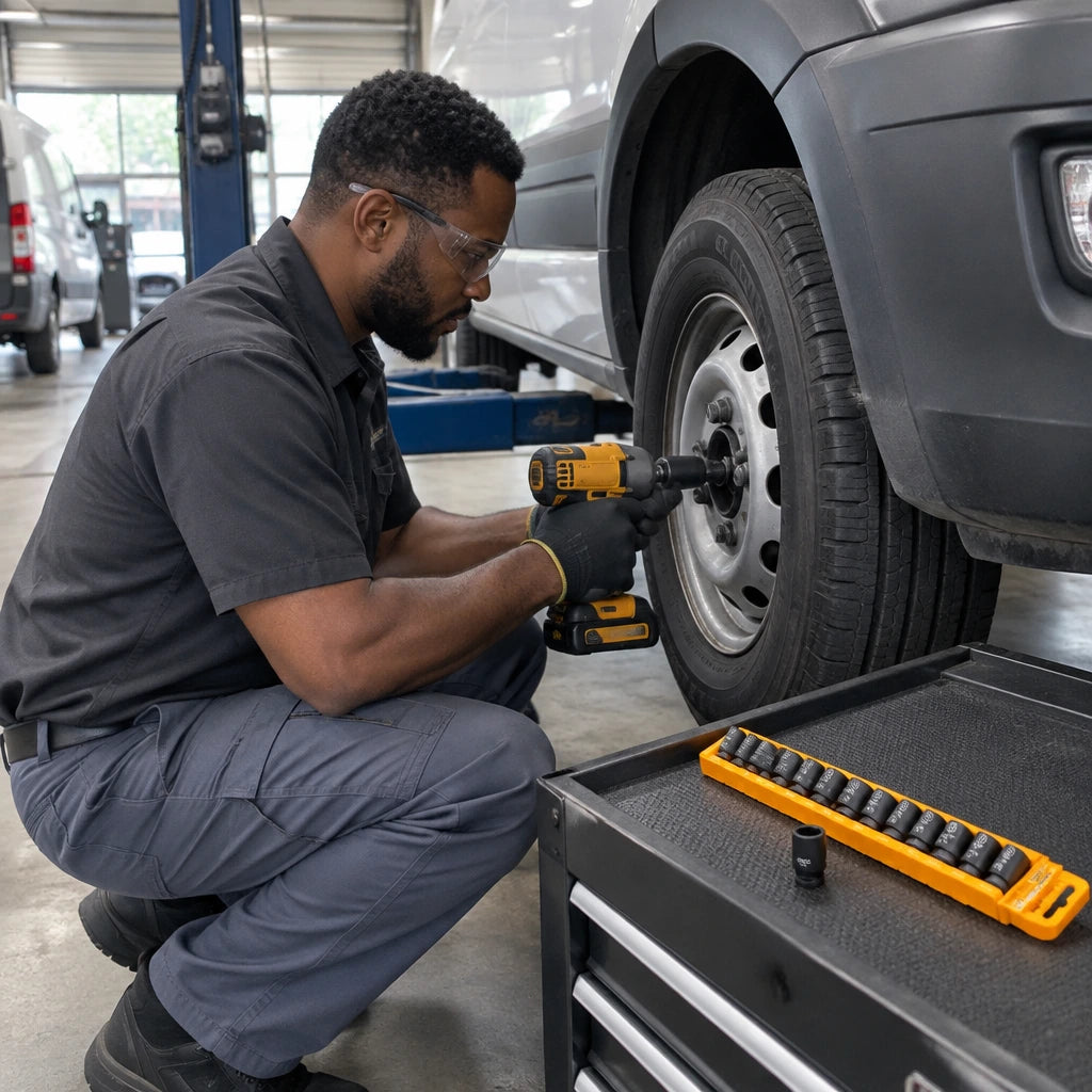 African American fleet technician using an Ingco 1/2-inch impact socket on a commercial van wheel fastener