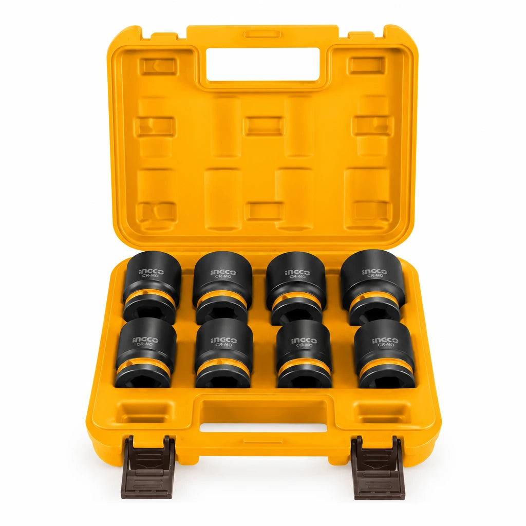 Ingco HKISSD34081 eight-piece 3/4-inch impact socket set displayed in its orange storage case on white.