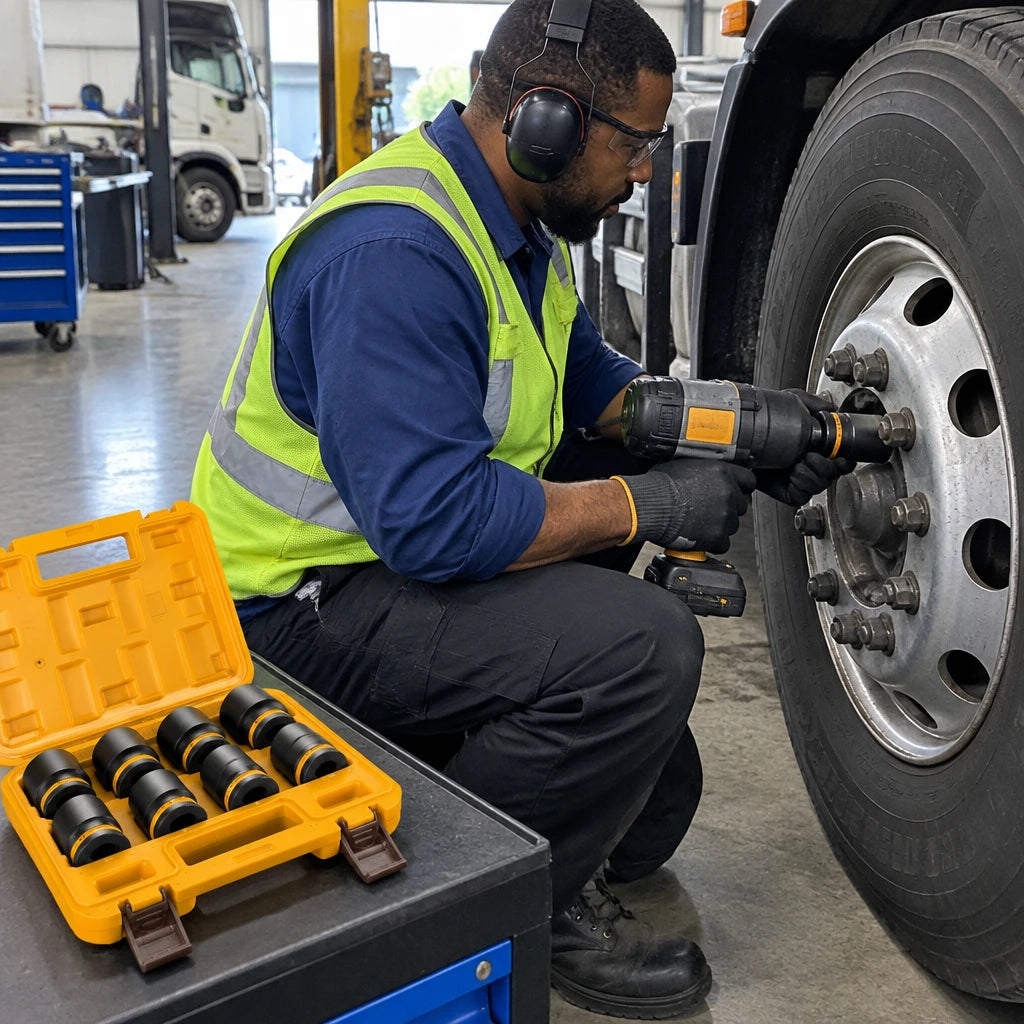 Technician uses an Ingco 3/4-inch impact socket on a large commercial-truck wheel fastener in a professional service bay.