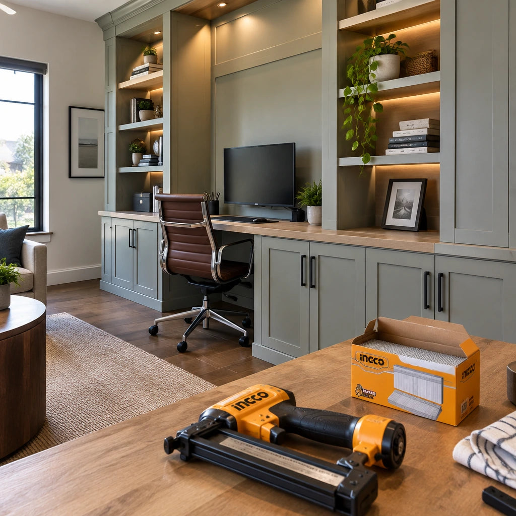 Finished home office built-in cabinet with secured wood trim and Ingco ANA18501 brad nail box nearby