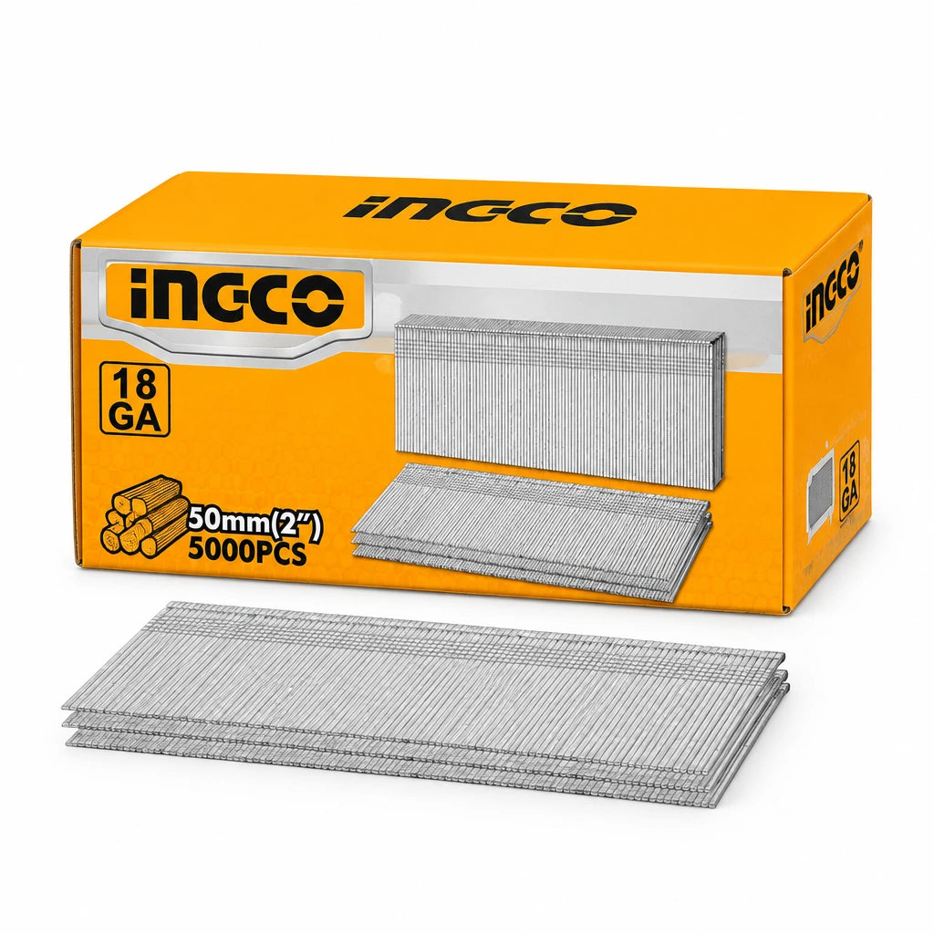Ingco ANA18501 orange box of 5,000 50 mm 18-gauge brad nails on a white background