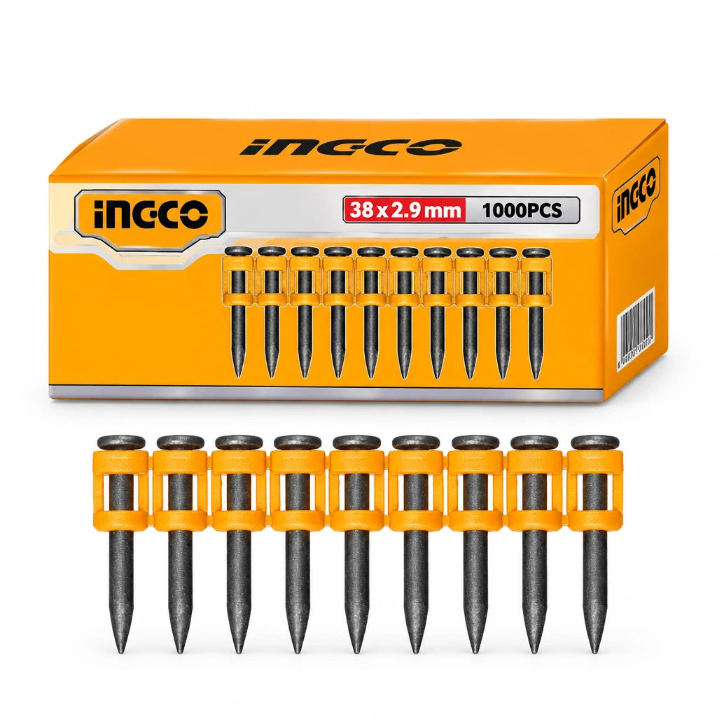 Ingco ANA02381 box with collated 38 x 2.9 mm continuous-firing concrete nails on white background