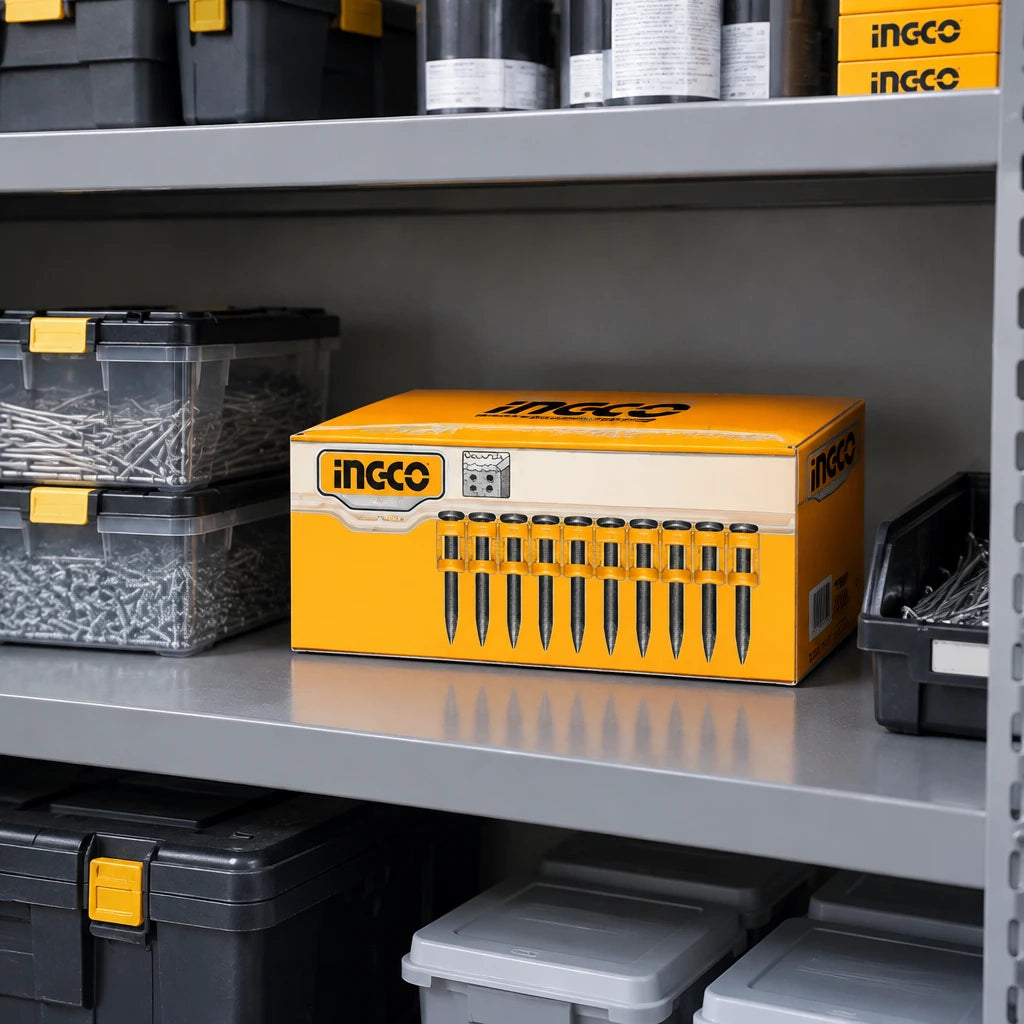 Ingco ANA02381 continuous-firing nail refill stored in an organised maintenance workshop cabinet