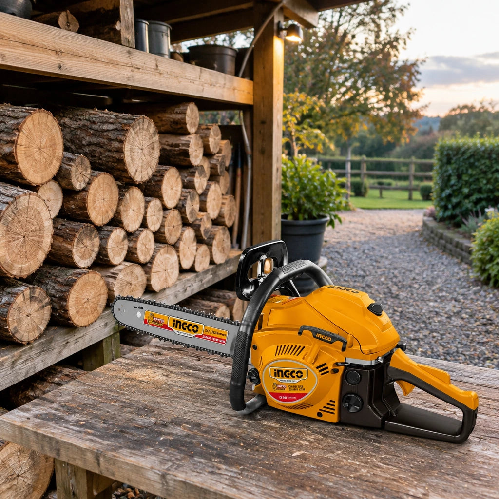 Cut timber sections stacked beside an inactive Ingco 20-inch gasoline chainsaw in a tidy garden utility area