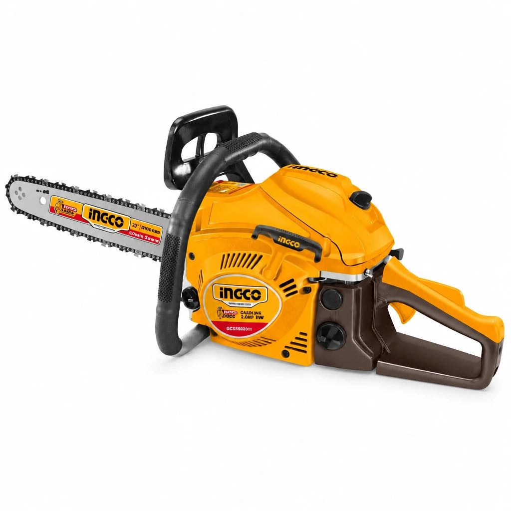Ingco GCS5502011 orange 20-inch gasoline chainsaw with 50cc engine on a white background