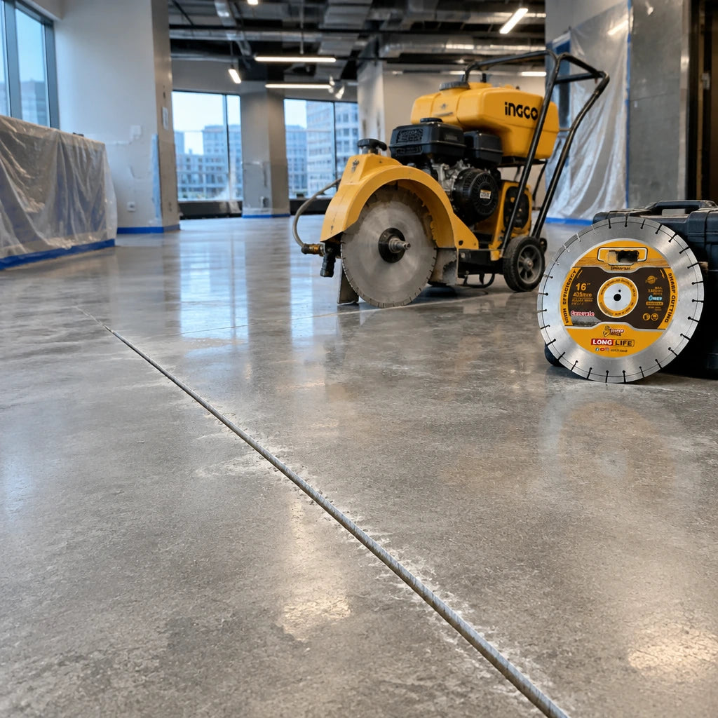 Completed straight concrete floor cut with an inactive compatible Ingco floor saw and DMD044053 diamond disc nearby